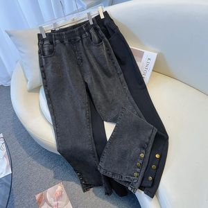 155kg plus size mulheres jeans hip 150-160 cintura alta casual solto flare calças preto preto-cinza 5xl 6xl 7xl 8xl 9xl 240202
