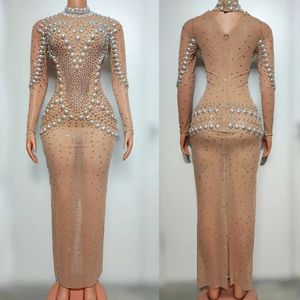 Stage Wear Big Pearls Rhinetstones Dress Sexy Perspective Mesh Evening Dresses Women Celebrate Costume Festival Outfit XS7622