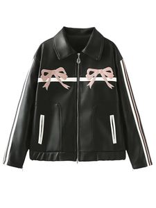 Contrast Bow Printed Black Womens Leather Jacket Cool Flip Collar Zipper Pocket Long Sleeve Coats 2024 Spring Motorcycle Street Clothing 240208