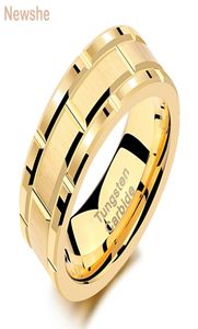 hon mens volfram karbidring 8mm gult guld färg tegel mönster borstade band för honom bröllop smycken storlek 9132841569