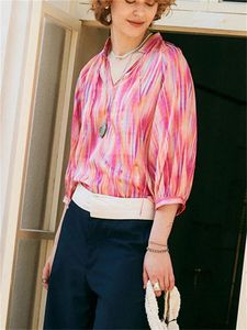 Blusas femininas blusa francesa topo colorido xadrez impresso mistura de seda senhoras solto ajuste com decote em v camisa base para 2024 primavera