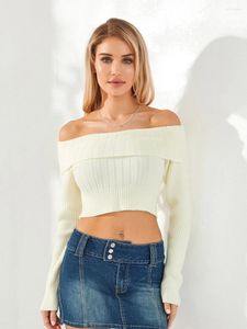 Kvinnors T-skjortor Fashion Women Knit Crop Tops Solid Color Boat Neck Long Sleeve Sweater Spring Fall Casual Slim Fit T-shirts Streetwear S-XL