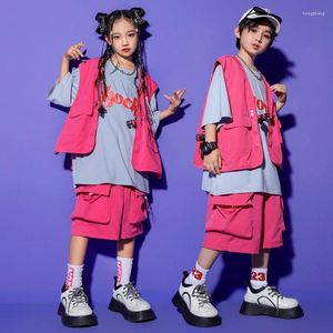 Scene Wear Children Jazz Modern Dance Costumes For Kids Rose Red Loose Vest Shorts Suit Girls Hiphop Rave Clothes Streetwear DQS13278