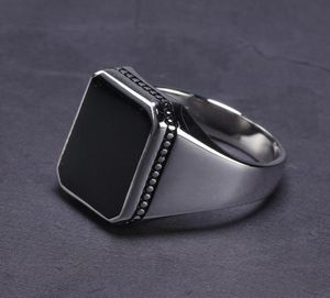 Verklig solid 925 Sterling Silver Ring Enkelt för män Imiterade Black Stone -fyrkantig högpolering Mellanöstern Turkiska smycken C188425324