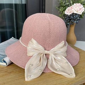 Ball Caps Knitted Bucket Cap Pearl Bow Decorative Hat Big Brim Sun Japanese Bowknot Large Sunshade Solid Sunscreen