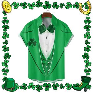 Мужские повседневные рубашки, летняя винтажная рубашка с короткими рукавами на день Святого Патрика, шикарная 3D-печать, большой зеленый карнавальный узор, свежий стиль
