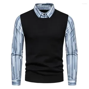 Erkek Sweaters 2024 Sonbahar ve Kış Sweater Sahte İki Parçalı Örme Gömlek Yakası