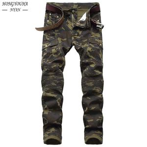 Modne wojskowe męskie dżinsy męskie Slim Trend Hip Hop prosto armia zielona kieszonkowa dżinsowa marka Pants 240202