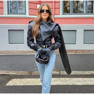 Fashionable black faux PU leather jacket womens scarf collar long sleeved patchwork Cape Town jacket womens 2024 spring loose and cool street clothes 240208