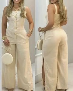 Summer Womens Jumpsuit Fashion Wide Leg Buttoned Casual Square Neck Sleeveless Pocket Design Suspender Jumpsuit 240202