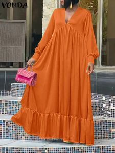 Plus storlek 5xl Vonda Elegant Party sundress kvinnor långärmad sexig v-ringad casual skjorta klänning höst lös solid rufsled maxi mantel 240126