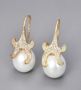 GuaiGuai Jewelry 14mm white sea shell Pearl starfish Cz pave Hook Earrings For Women Real Gems Stone Lady Fashion Jewellry8437752