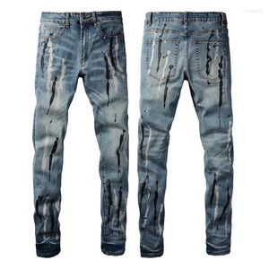 Men's Jeans Slim High Street Y2k Stretch Denim Pants Painting Vintage Retro Blue Splash Ink Casual Trousers