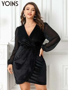 Платья больших размеров YOINS 4XL, женское элегантное вечернее платье 2024, сексуальное в горошек с V-образным вырезом, лоскутное мини-платье, черное вечернее платье с длинными рукавами и запахом