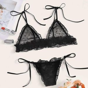 Bras Sets Sexy Bowknot Lace Wireless Bra Set For Women Dot Mesh V Neck Bandage Lingerie Thong Underwear Lingerine Outfit