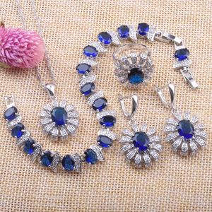 Necklace Earrings Set Royal Blue Sapphire 925 Sterling Silver Jewelry For Women Bracelet Hoop Pendant Ring YZ089