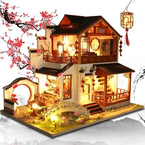 diy木製ドールハウス中国の町建築ドールハウス子供のための家具玩具付きミニチュア友達の誕生日ギフト240202