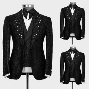 3 Pieces Black Men Suits Luxury Crystal Beaded For Wedding Tuxedos Sparkling Sequins Groom Prom BlazerPantVest Custom Made 240125