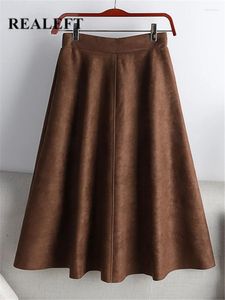 Skirts REALEFT Autumn Winter 2024 Women's Suede Midi High Waist Solid Elegant A-Line Umbrella Ladies Skirt Female