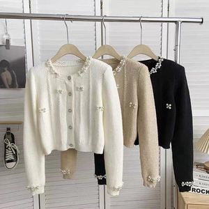 Women's Knits Pearl Beaded Knitted Cardigan Sweater Women 2024 Spring Long Sleeve Korean Fashion Chic Ladies Jumper Cropped Tops Coat