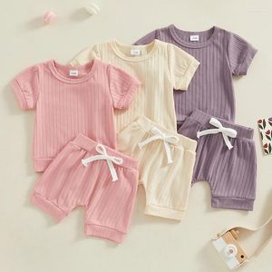 Set di abbigliamento Bambino nato neonato Neonata Set estivo Manica corta Tinta unita Top a coste Pantaloncini con coulisse Completo da 2 pezzi