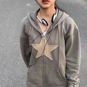 Hip Hop Zip Up Hoodie Vintage Star Patch Cotton Loose Sweatshirt Jacka Harajuku Gothic Long Sleeve Women Y2K kläder 240202