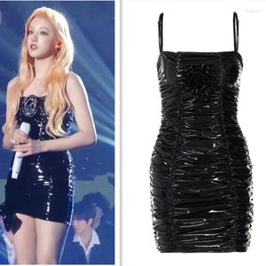 Casual Dresses Kpop Girl Group Women's Nightclub Off-Shoulder Leather Dress Lady Party Sexy Backless High Waist Pleated Sling