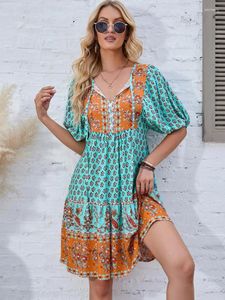 Party Dresses Fashion Vintage Bohemian Dress for Women Summer Elegant Printed Swing Female Green Casual Vacation Beach Short