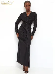 Casual Dresses Clacive Fashion Black Glitter Women'S 2024 Sexy V-Neck Long Sleeve Ankle-Length Dress Elegant Slim Slit Party
