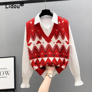 Kvinnors trendiga vintage Argyle Kawaii Cartoon Pullover Knäckt tröja Vest Y2K Kvinna V Neck ärmlös Löst outewear Waistcoat 240125