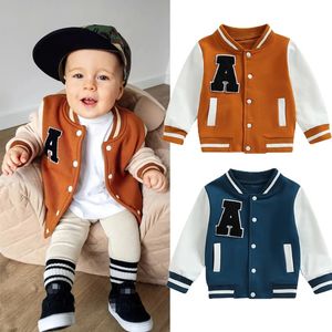 Toddler Baby Boy Girl Baseball Jacket Varsity Bomber Jackets Płaszcz Kolor Block Button Down Casual Sports Marketwear 240125