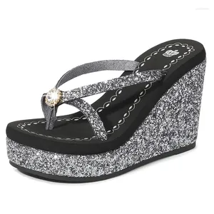 Slippers Summer Women Platform High Heel Wedges Sandals Sequins Rhinestones Beach Slides Ladies Flip Flops Female Casual Shoes