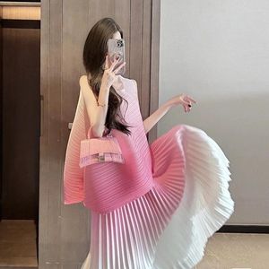 Work Dresses Miyake Pleated Pink Gradient Two-Piece Set Women Outfit :Elegant O-neck Sleeveless Tshirt High Waist Long Skirt Sets