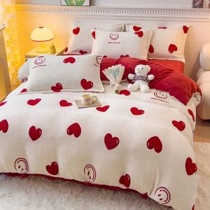 Crystal Velvet Warm Bedding Set For Winter Cartoon Flannel Fleece Warmth Däcke Cover Queen Soft Comforter Set 240131