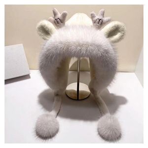 Berets Winter Hat Cute Furry Trim Antler Ears Decor Women Thickened Plush Warm Ear Protection Woolen