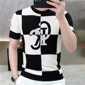 Men's T Shirts 2024 Summer Slim Contrasting Letter Drill Tees Elastic Plaid Panel Round Neck Ice Silk Thin Short Sleeve T-shirt