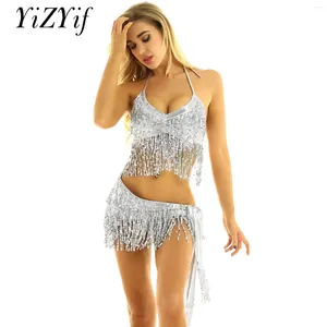 Stage Wear Donna 2 pezzi Costume di danza del ventre Paillettes lucidi Nappe Crop Top con frange Sciarpa all'anca Set Salsa latina Samba Abiti di danza popolare