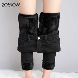 Zoenova kvinnor tjocka sammet jeans fleece varm koreansk mode hög midja mager elastiska byxor jean casual benging vinter 240201