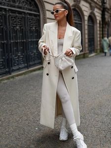 Women's Trench Coats Women White Behind Forking Midi Coat Fashion Lapel Double Breasted Long Sleeves Jacket Female Elegant Cosy Commuting