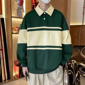 Felpe con colletto polo da uomo Primavera Autunno Pullover patchwork a righe vintage Top Felpe con cappuccio allentate casual Uomo Harajuku Streetwear 240122