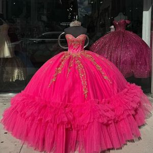 Rosa vermelha quinceanera vestidos para doce 16 meninas vestido de baile apliques rendas em camadas tull 15 aniversário festa baile vestido concurso miss gala