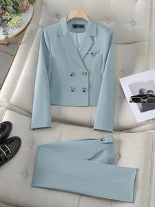 Women's Two Piece Pants Spring Summer Blue Coffee Gray Ladies Blazer Pant Suit Women Female Business Work Wear Short Jacket And Trouser 2