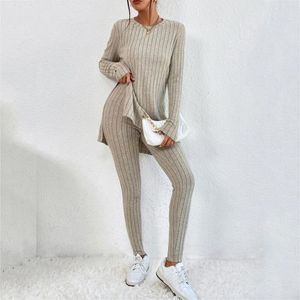 Kadınlar İki Parçalı Pantolon Sıradan Set Kadın Kıyafetleri 2024 Sonbahar/Kış Moda Katı Örme Uzun Kollu Kazak Gevşek Takım Zarif