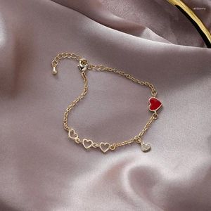 Link Bracelets Gold Color Red Love Heart Charm & Bangle For Women Girls Romantic Elegant Birthday Wedding Party Simple Jewelry Gift