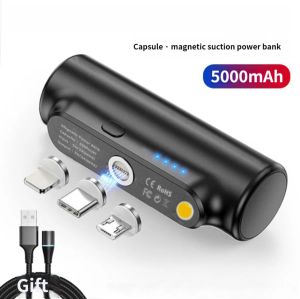 Portable Power Bank Mini Powerbank 5000mah Magnetic Plug Pocket Battery Charger for Type C/IP/Micro USB Interface Phone