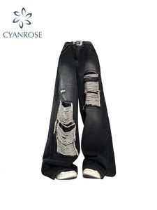 Womens Gothic Black Jeans High Waist Vintage Korean Fashion Y2k Streetwear Ripped Pants Harajuku Casual Wide Leg Denim Trousers 240201