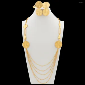 Necklace Earrings Set Dubai Gold Plated Jewelry For Women Long Chain And With Bangle Ring 4Pcs Weddings Bride Gifts