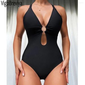 Kvinnors badkläder Vigobeviya 2024 Svart Strapped Women Sexig ihålig Push Up One Piece Swimsuit Monokini Svartlös strandbaddräkt
