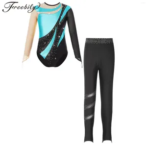 Bühnenkleidung Kinder Mädchen Gymnastik Outfits Mesh Langarm Ballett Trikot und Leggings Set Tanzen Body Eiskunstlauf Kostüm