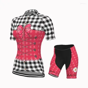 レーシングセット女性サイクリングジャージーセットボウ格子縞のシャツロードバイク通気性MTBウェア衣料品ショーツキット